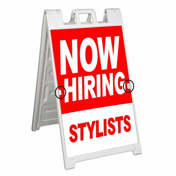 Now Hiring Stylists (24" X 36") Deluxe A-Frame Signicade, Includes Decal Applied To Stand