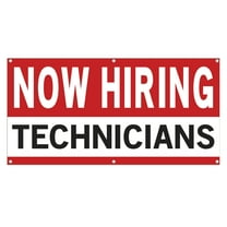 Now Hiring Technicians 13 oz Heavy Duty Vinyl Banner Technician Jobs Available Help Wanted Sign for Business Advertising Indoor/Outdoor Single-Sided with Metal Grommets (1.5x5 ft, Wh & Re & Bk)