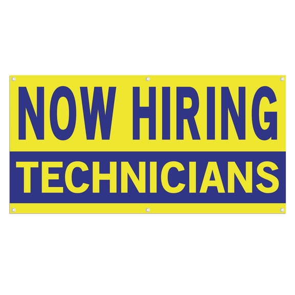 Now Hiring Technicians 13 oz Heavy Duty Vinyl Banner Technician Jobs Available Help Wanted Sign for Business Advertising Indoor/Outdoor Single-Sided with Metal Grommets (1.5x5 ft, Ye & Bl)