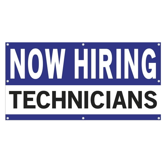 Now Hiring Technicians 13 oz Heavy Duty Vinyl Banner Technician Jobs Available Help Wanted Sign for Business Advertising Indoor/Outdoor Single-Sided with Metal Grommets (4x6 ft, Wh & Bl & Bk)