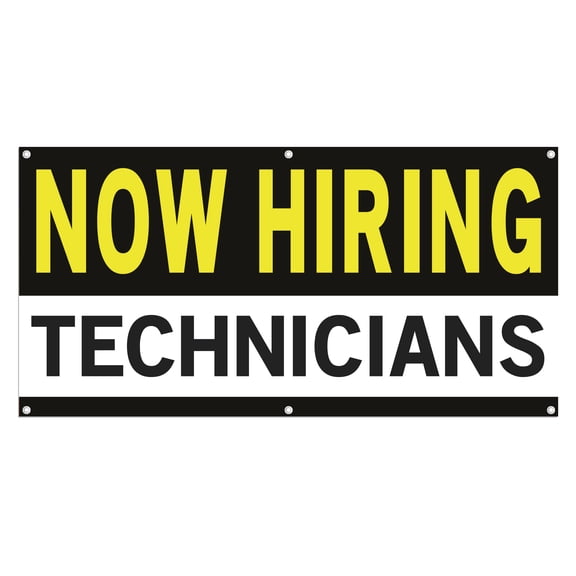 Now Hiring Technicians 13 oz Heavy Duty Vinyl Banner Technician Jobs Available Help Wanted Sign for Business Advertising Indoor/Outdoor Single-Sided with Metal Grommets (3x5 ft, Bk & Wh & Ye)