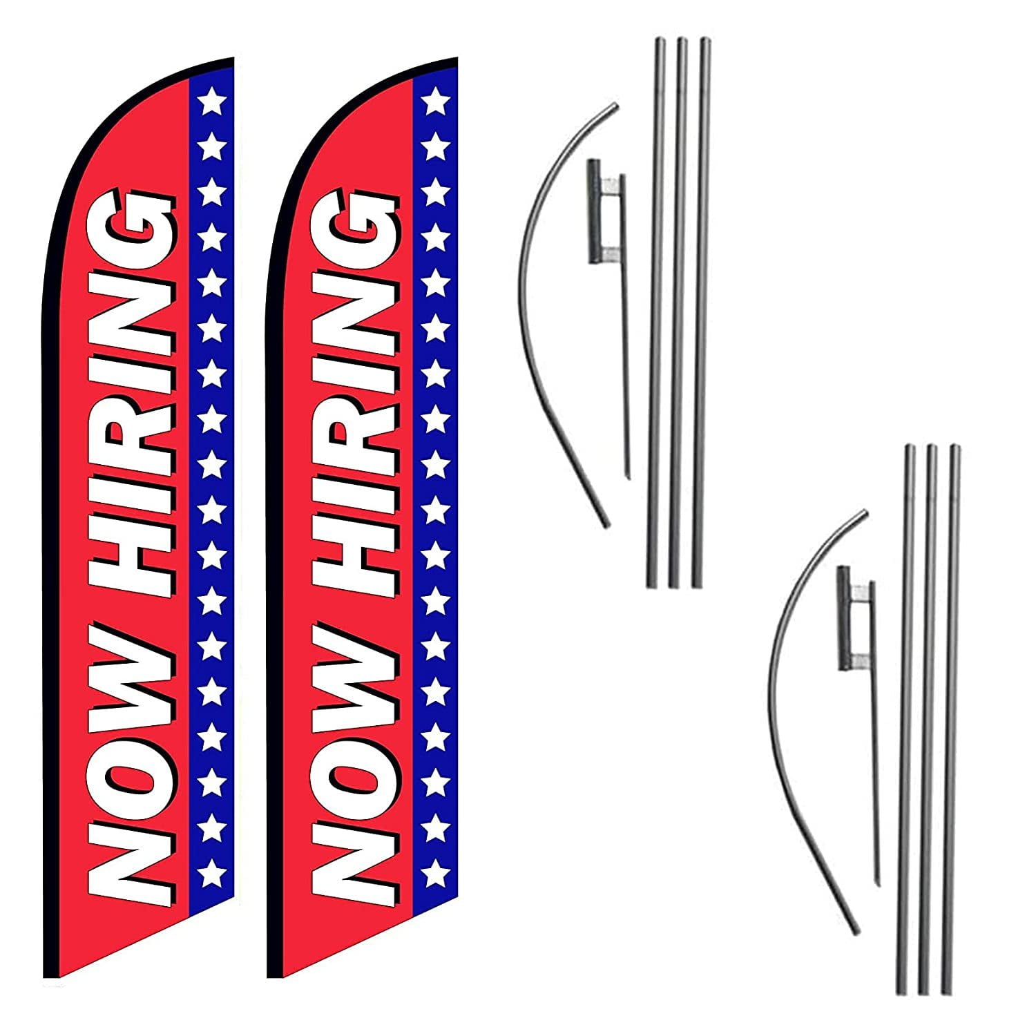Now Hiring Two Pack of Advertising Feather Banner Swooper Flag Signs with Flag Pole Kits and Ground Stakes for Businesses, Patriotic Theme