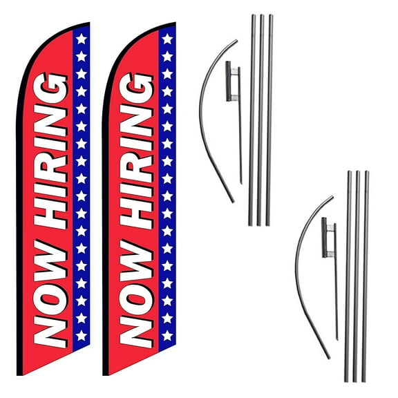 Now Hiring Two Pack of Advertising Feather Banner Swooper Flag Signs with Flag Pole Kits and Ground Stakes for Businesses, Patriotic Theme