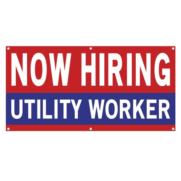 Now Hiring Utility Worker 13 oz Heavy Duty Vinyl Banner Utility Worker Jobs Available Maintenance Worker Help Wanted Sign Indoor/Outdoor Single-Sided with Metal Grommets (3x5 ft, Re & Wh & Bl)