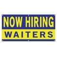 thumbnail image 1 of Now Hiring Waiters 13 oz Heavy Duty Vinyl Banner Waitress Waiter Jobs Available Help Wanted Sign for Business Advertising Indoor/Outdoor Single-Sided w/ Metal Grommets (3x5 ft, Bl & Ye), 1 of 6