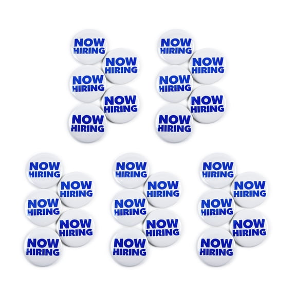 Now Hiring (White/Blue) Personnel Recruitment Business Pinback Buttons - 2.25 Inch Round - 25 Pack