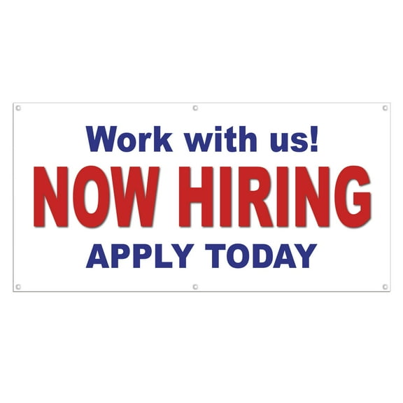 Now Hiring Work with us! Apply Today 13 oz Heavy Duty Vinyl Banner Indoor/Outdoor Help Wanted Sign for Business Storefront Advertising Single-Sided with Metal Grommets (5x1.5 Ft, White & Red)