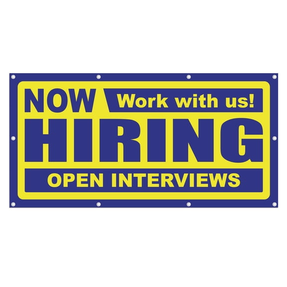 Now Hiring Work with us! Open Interviews 13 oz Heavy Duty Vinyl Banner Indoor/Outdoor Help Wanted Sign for Business Storefront Advertising Single-Sided with Metal Grommets (8x4 Ft, Blue & Yellow)