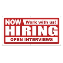 Now Hiring Work with us! Open Interviews 13 oz Heavy Duty Vinyl Banner Indoor/Outdoor Help Wanted Sign for Business Storefront Advertising Single-Sided with Metal Grommets (5x1.5 Ft, White & Red)