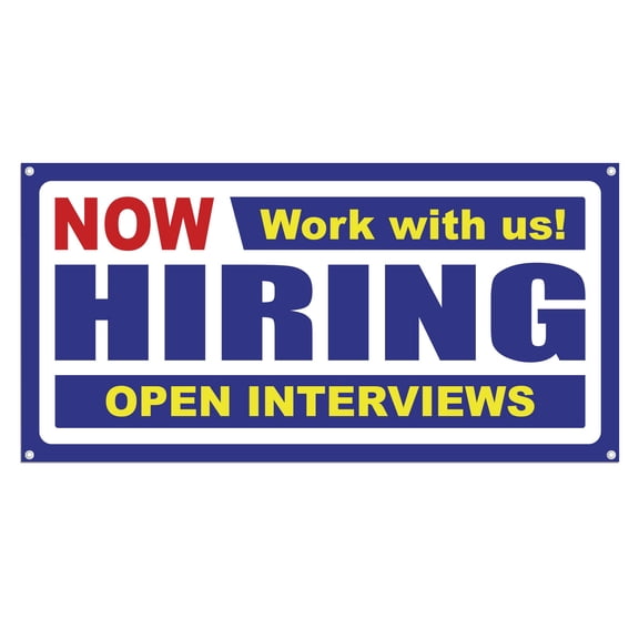 Now Hiring Work with us! Open Interviews 13 oz Heavy Duty Vinyl Banner Indoor/Outdoor Help Wanted Sign for Business Storefront Advertising Single-Sided with Metal Grommets (5x1.5 Ft, Mixed)