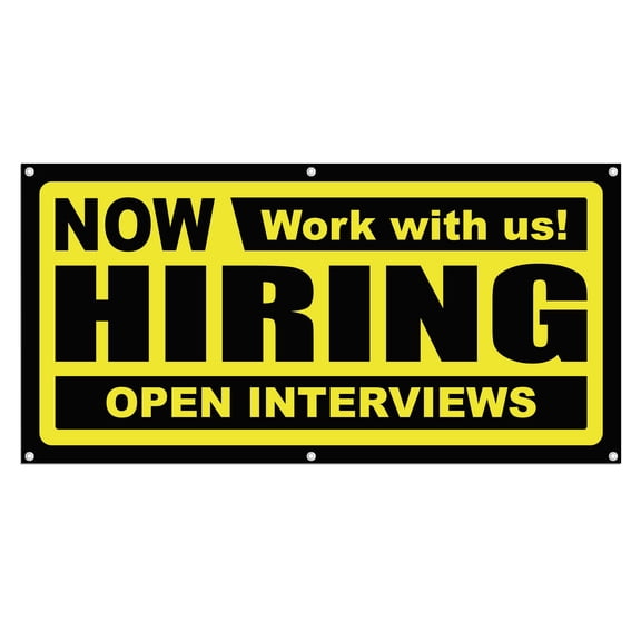 Now Hiring Work with us! Open Interviews 13 oz Heavy Duty Vinyl Banner Indoor/Outdoor Help Wanted Sign for Business Storefront Advertising Single-Sided with Metal Grommets (5x1.5 Ft, Black & Yellow)