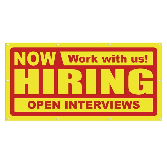 Now Hiring Work with us! Open Interviews 13 oz Heavy Duty Vinyl Banner Indoor/Outdoor Help Wanted Sign for Business Storefront Advertising Single-Sided with Metal Grommets (8x4 Ft, Yellow & Red)