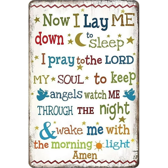 Now I Lay Me Down to Sleep Prayer Tin Sign Christian Bible Verse Vintage Metal Signs Wall Art Decor Plaque for Kids Living Room Bedroom,812 inch