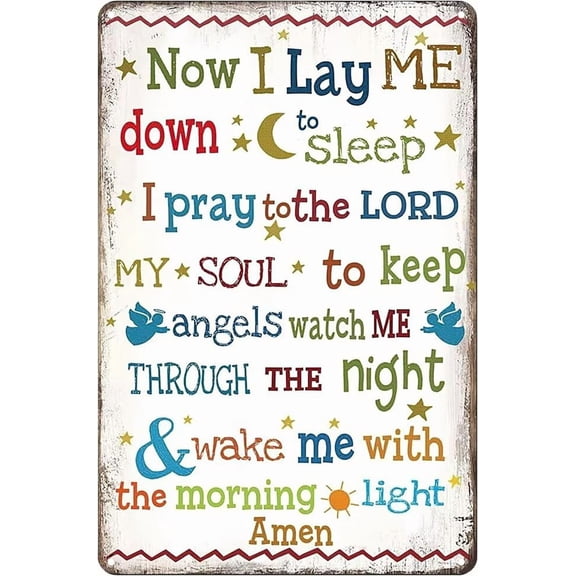 Now I Lay Me Down to Sleep Prayer Tin Sign Christian Bible Verse Vintage Metal Signs Wall Art Decor Plaque for Kids Living Room Bedroom,812 inch