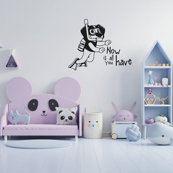 Now Is All You Have Quote Cute Dog Scuba Diving Underwater Diving Silhouette Vinyl Wall Art Sticker Decal Underwater Diving Home Kids Pool Area Living Room Boys Girls Décor Design Size (18x20 inch)