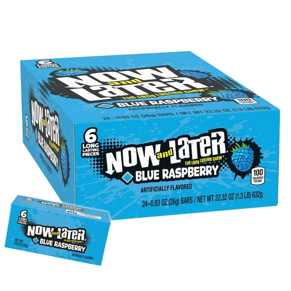 Now & Later Blue Raspberry Chewy Fruit Candy Bars, 24 Count Box