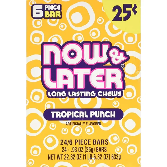 Now & Later Original Taffy Chews Candy, Tropical Punch, 0.93 oz Bar, Pack of 24