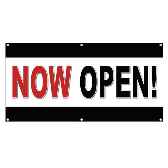 Now Open 13 oz Heavy Duty Vinyl Banner Outdoor/Indoor Now Open Sign for Business, Storefront, Advertising with Metal Grommets - Multiple Sizes & Colors - Single-Sided (5x1.5 Ft, Black & Yellow)