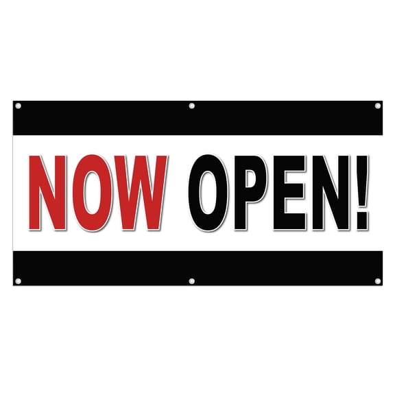 Now Open 13 oz Heavy Duty Vinyl Banner Outdoor/Indoor Now Open Sign for Business, Storefront, Advertising with Metal Grommets - Multiple Sizes & Colors - Single-Sided (5x1.5 Ft, Black & Yellow)