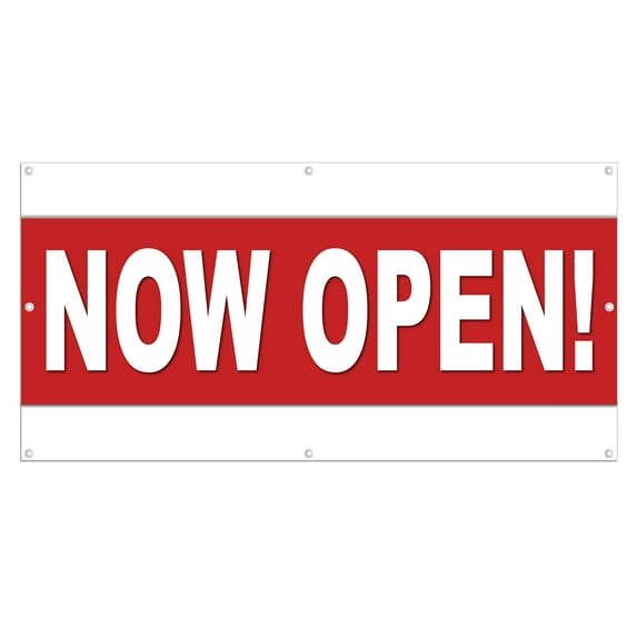 Now Open 13 oz Heavy Duty Vinyl Banner Outdoor/Indoor Now Open Sign for Business, Storefront, Advertising with Metal Grommets - Multiple Sizes & Colors - Single-Sided (6x4 Ft, White & Red)