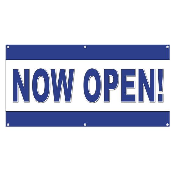 Now Open 13 oz Heavy Duty Vinyl Banner Outdoor/Indoor Now Open Sign for Business, Storefront, Advertising with Metal Grommets - Multiple Sizes & Colors - Single-Sided (5x3 Ft, Blue & Yellow)