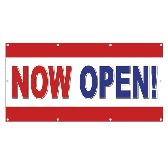 Now Open 13 oz Heavy Duty Vinyl Banner Outdoor/Indoor Now Open Sign for Business, Storefront, Advertising with Metal Grommets - Multiple Sizes & Colors - Single-Sided (8x4 Ft, Yellow & Red)