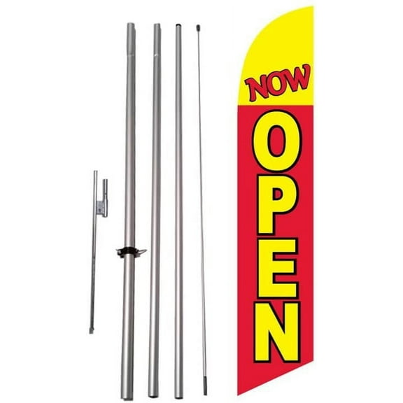Now Open 15 foot Feather Banner Swooper Flutter Flag Kit Sign with Pole and Ground Stake, Red Yellow