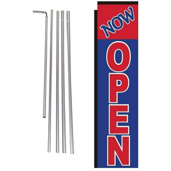 Now Open Advertising Rectangle Feather Banner Flag Sign with Pole Kit and Ground Spike, Blue and Red
