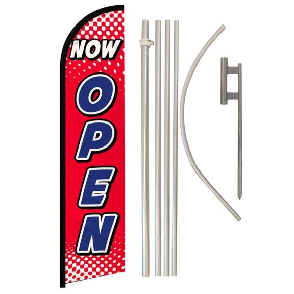 Now Open (Red & White) Windless Banner Flag & Pole Kit