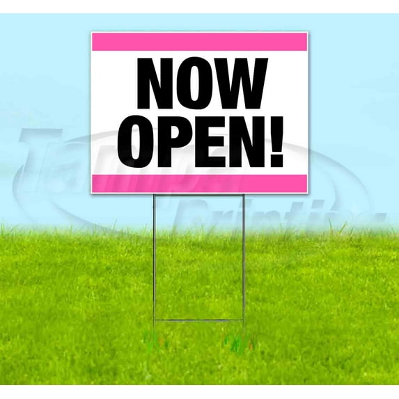 Now Open Stripe Pink (18" x 24") Yard Sign, Includes Metal Step Stake