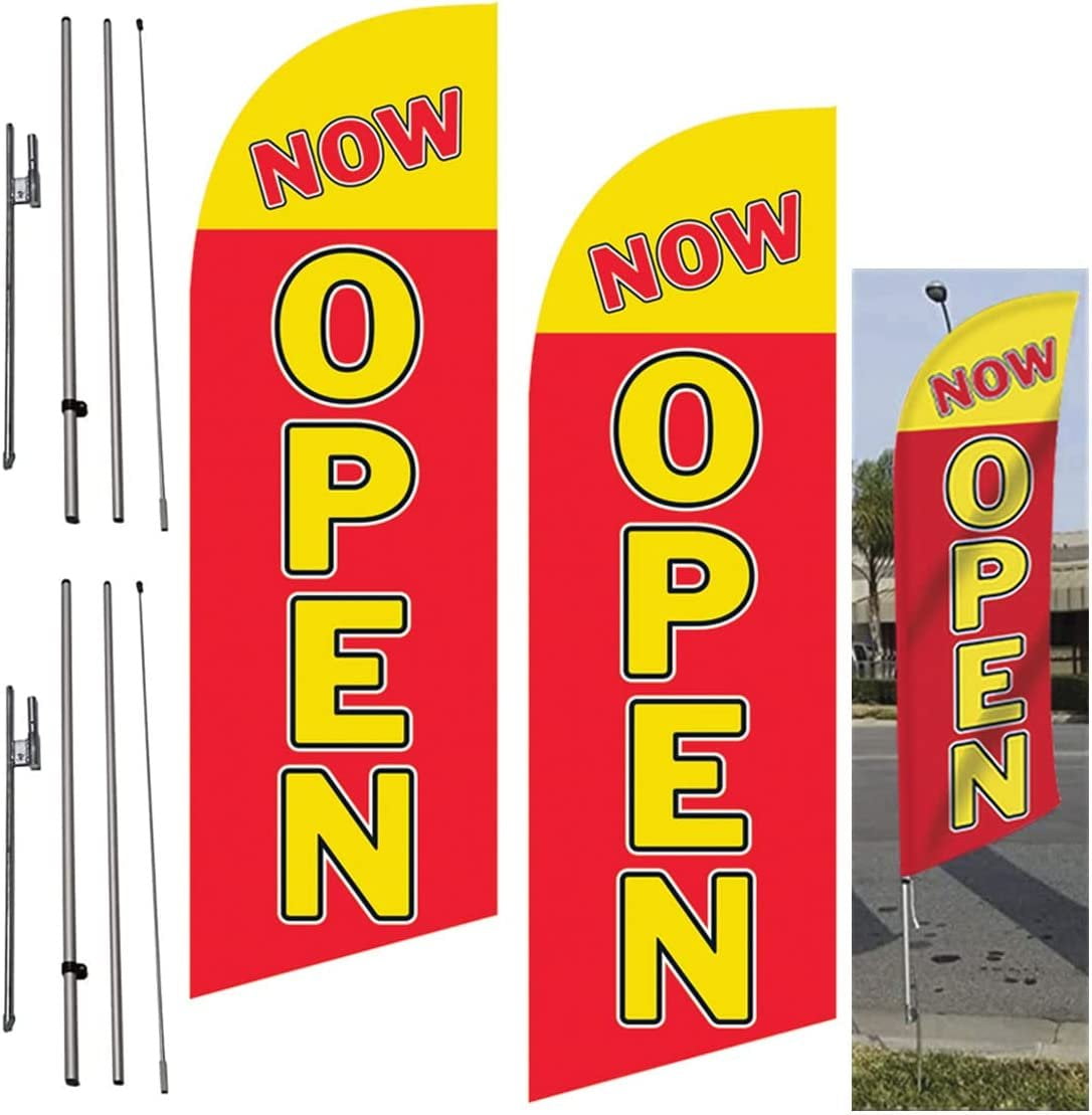 Now Open Two Pack of 8ft Advertising Feather Banner Swooper Flag Signs with Flag Pole Kits and Ground Stakes for Businesses, 2pack red, yellow, medium height