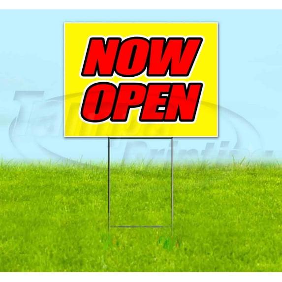 Now Open Yellow Background (18" x 24") Yard Sign, Includes Metal Step Stake