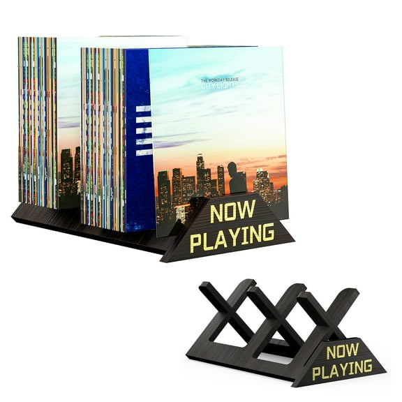 Now Playing Vinyl Record Stand, 80-100 LP Vinyl Storage Rack, 3 Compartment Wooden Vinyl Display Shelf, Retro Desktop Album Storage for Record Albums, Magazines, Books, Files