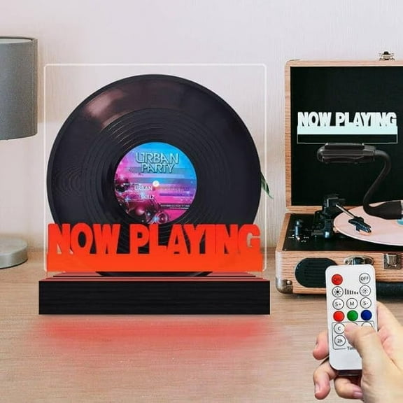Now Playing Vinyl Stand 7 Color Change Switch Remote Control Dimming Timer USB Charge Retro Wooden Base Acrylic Panel Record Album Collection Display LED Night Light Desk Lamp Decoration