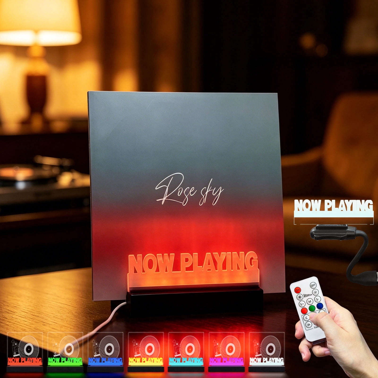 Now Playing Vinyl Stand 7 Color Change Switch Remote Control Dimming Timer USB Charge Retro Wooden Base Acrylic Panel Record Album Collection Display LED Night Light Desk Lamp Decoration