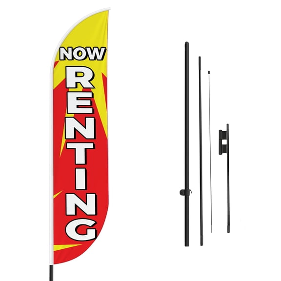 Now Renting Sign feather flag Pole kit for Outdoor by Mavis Printing | 15 FEET Long Polyester Outdoor Banner Flag for Easy Hang | HD Print Swooper Flag to Advertise Real Estate Business