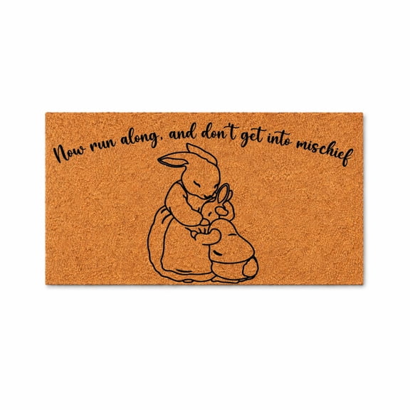 Now Run Along And Don't Get Into Mischief, Bunny Rabbit Line Art, Welcome Doormat, Funny Door Mat, Entryway Decor 5560 (16x24 inches) 5560