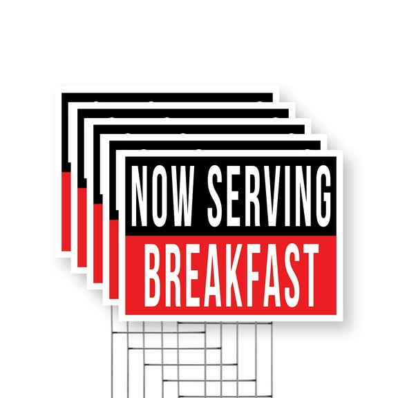 Now Serving Breakfast Yard Sign 5 Pack of 12 Inch x 16 Inch Single Sided Weatherproof Heavy-Duty Plastic with Stake | Morning Specials, Restaurant Promotions, Freshly Cooked | Made in