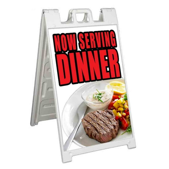 Now Serving Dinner (24" X 36") Standard A-Frame Signicade, Includes Decal Applied To Stand