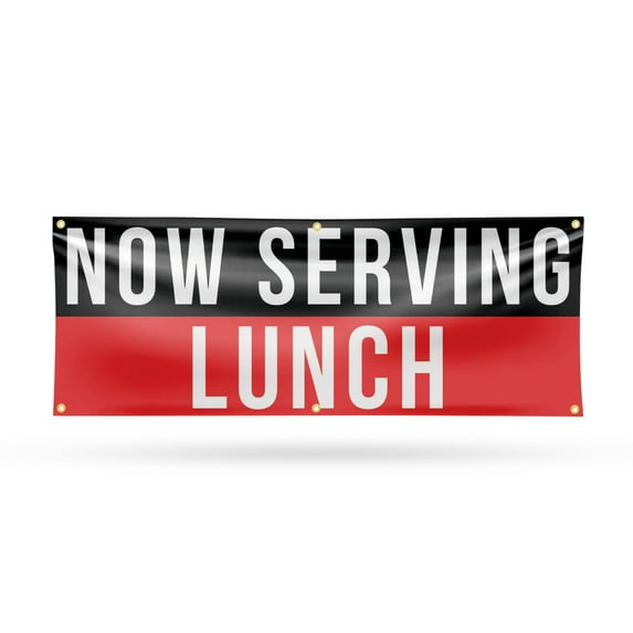 Now Serving Lunch Banner Sign 24 Inch x 72 Inch | 13 oz Vinyl with Metal Grommets | Heavy-Duty Single-Sided Outdoor Durable Printed High-Quality Weatherproof | Made in the USA