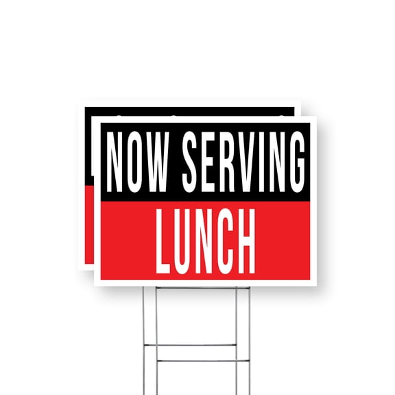 Now Serving Lunch Yard Sign 2 Pack of 12 Inch x 16 Inch Single Sided Weatherproof Heavy-Duty Plastic with Stake | Restaurant Promotions, Freshly Made Meals, Midday Specials | Made in