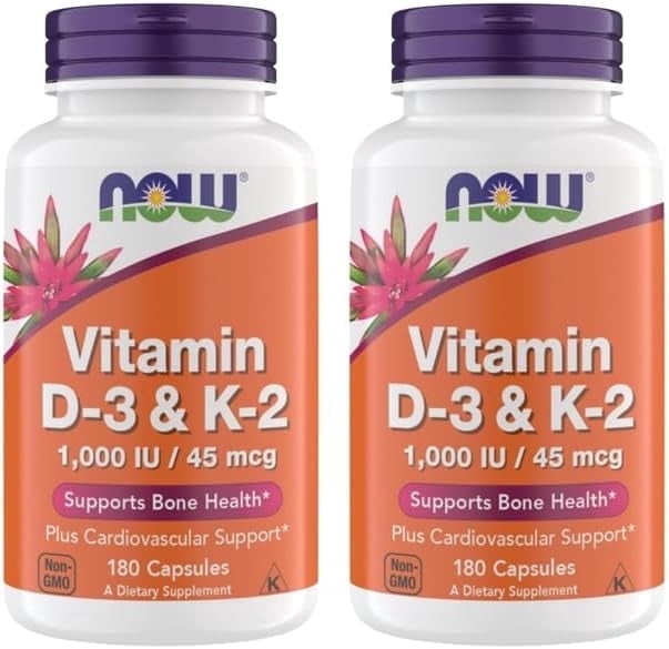 Now Supplements Vitamin D3 K2, 1,000 IU/45 mcg, Cardiovascular Support, Supports Bone Health, 180 Capsules - Gluten Free, Kosher Vitamin D3 and K2 Supplements (Pack of 2)