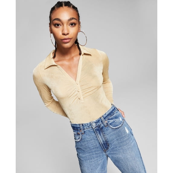 Now This Long Sleeve Polo Collar Bodysuit Bodysu Camel S