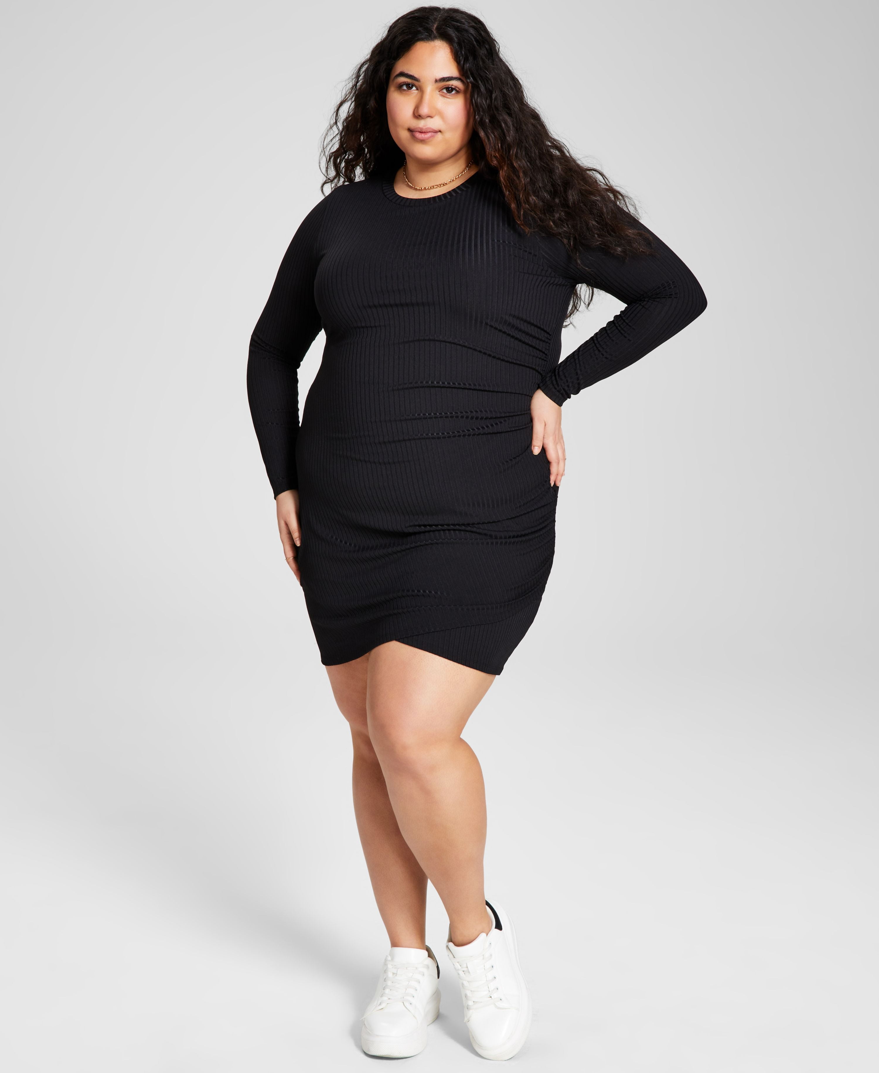 And Now This Plus Size Long Sleeve Side Ruched Dress - Black - Size 1x