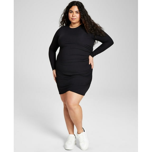Now This Plus Size Long Sleeve Side Ruched Dress Ruc Black 4X