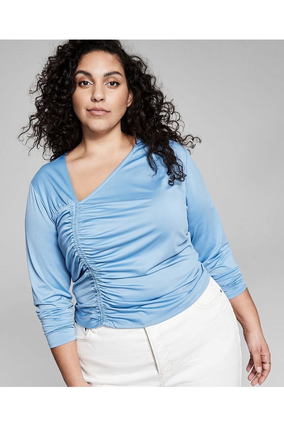 Now This Trendy Plus Size Asymmetrical Ruched Top Cornflower Blue 1X