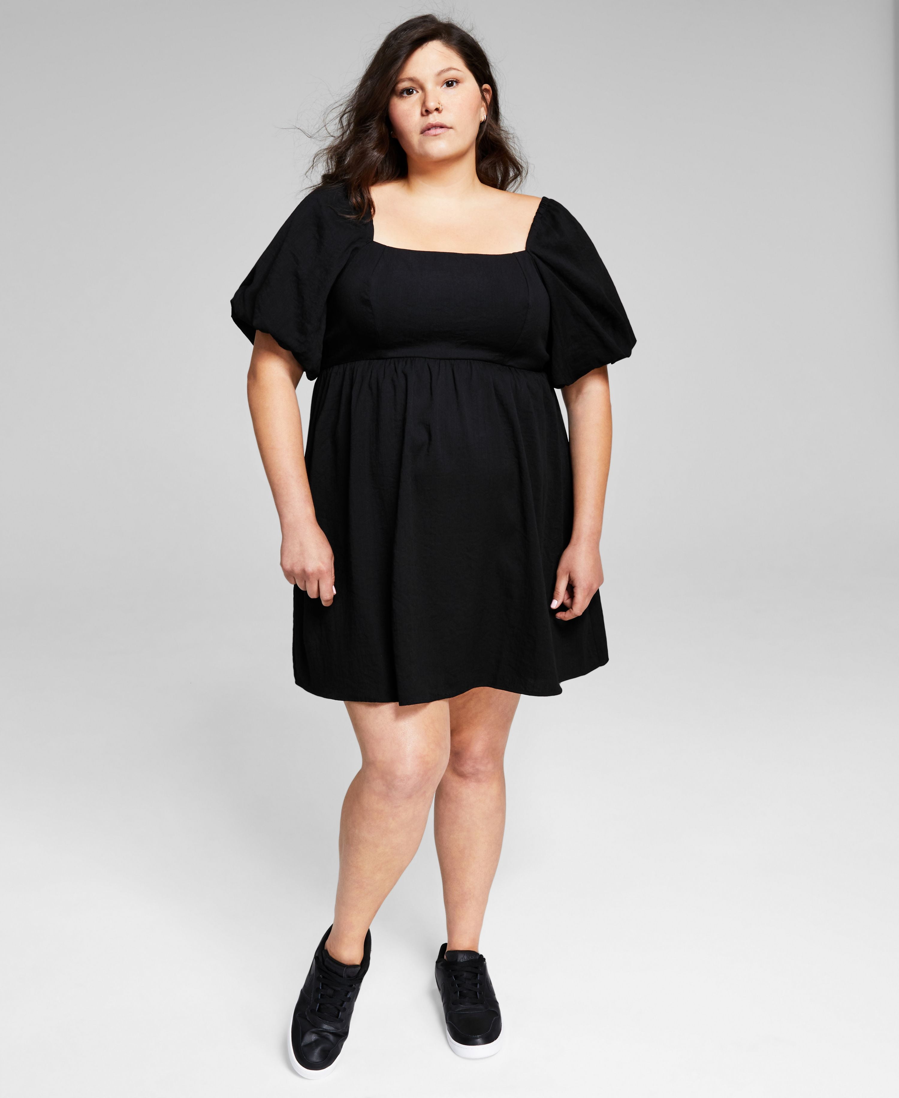 Puff Sleeve Plus Size Black Babydoll Dress Black Back Tie Puff
