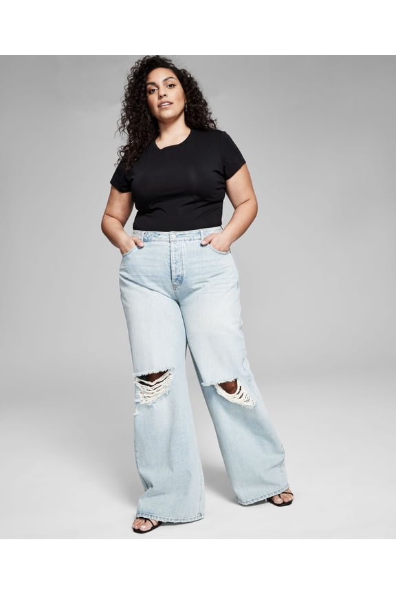 Now This Trendy Plus Size Cotton Ripped Wide Leg Jeans Carson Wash 16W