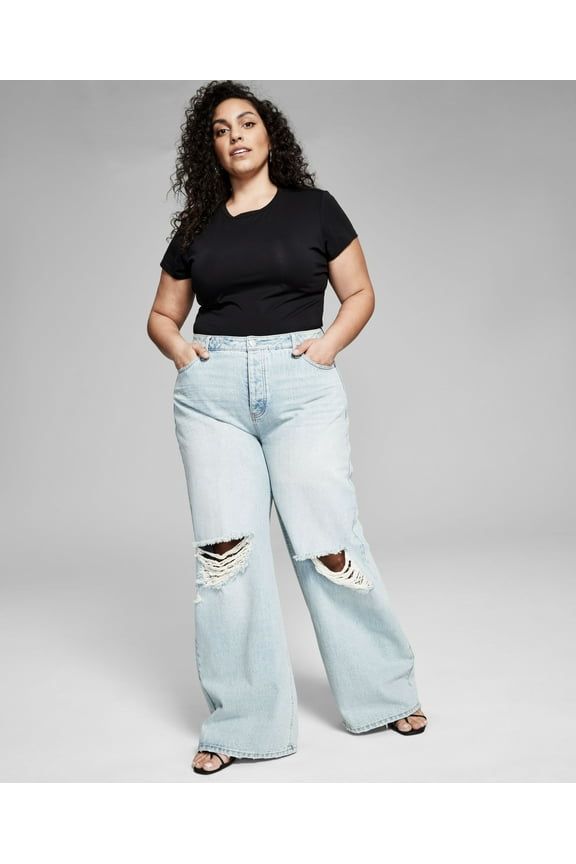 Now This Trendy Plus Size Cotton Ripped Wide Leg Jeans Carson Wash 18W