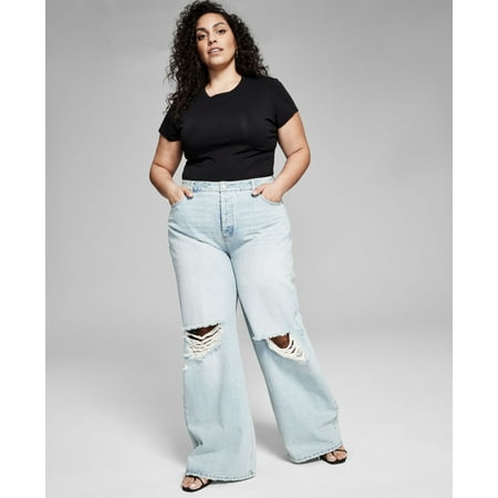 Now This Trendy Plus Size Cotton Ripped Wide Leg Jeans Carson Wash 20W